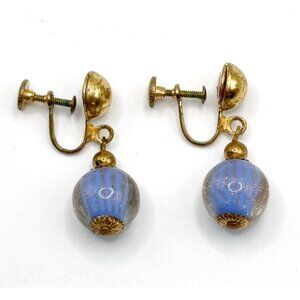 Blue Striped Goldstone Glass‎ Bead Screw Back Earrings